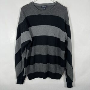 Nautica Crewneck Sweater Mens Size Large Gray Black Striped Pullover Logo